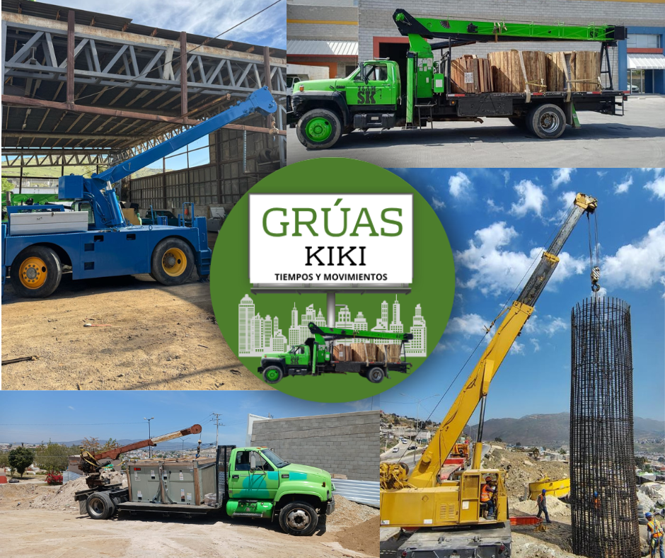 Collage de Servicios de Grúas Kiki en Tijuana - Grúas industriales azules, verdes y amarillas en acción para construcción, transporte de materiales y elevación de estructuras. Servicio económico y confiable.