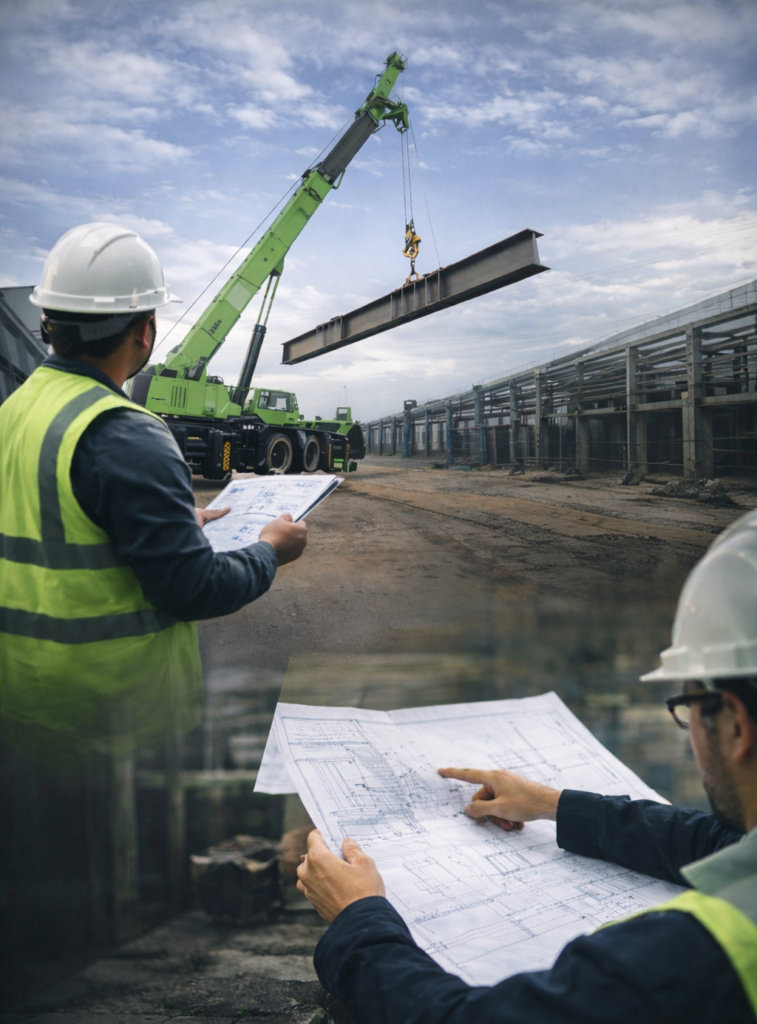 Operadores planificando maniobra con grúa industrial en obra